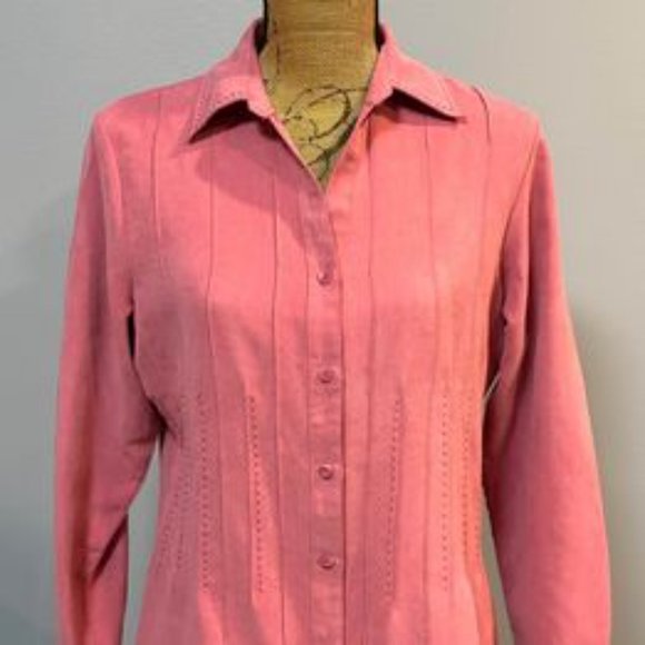Lemon Grass Fields medium blush pink faux suede long sleeve blouse - Picture 2 of 6